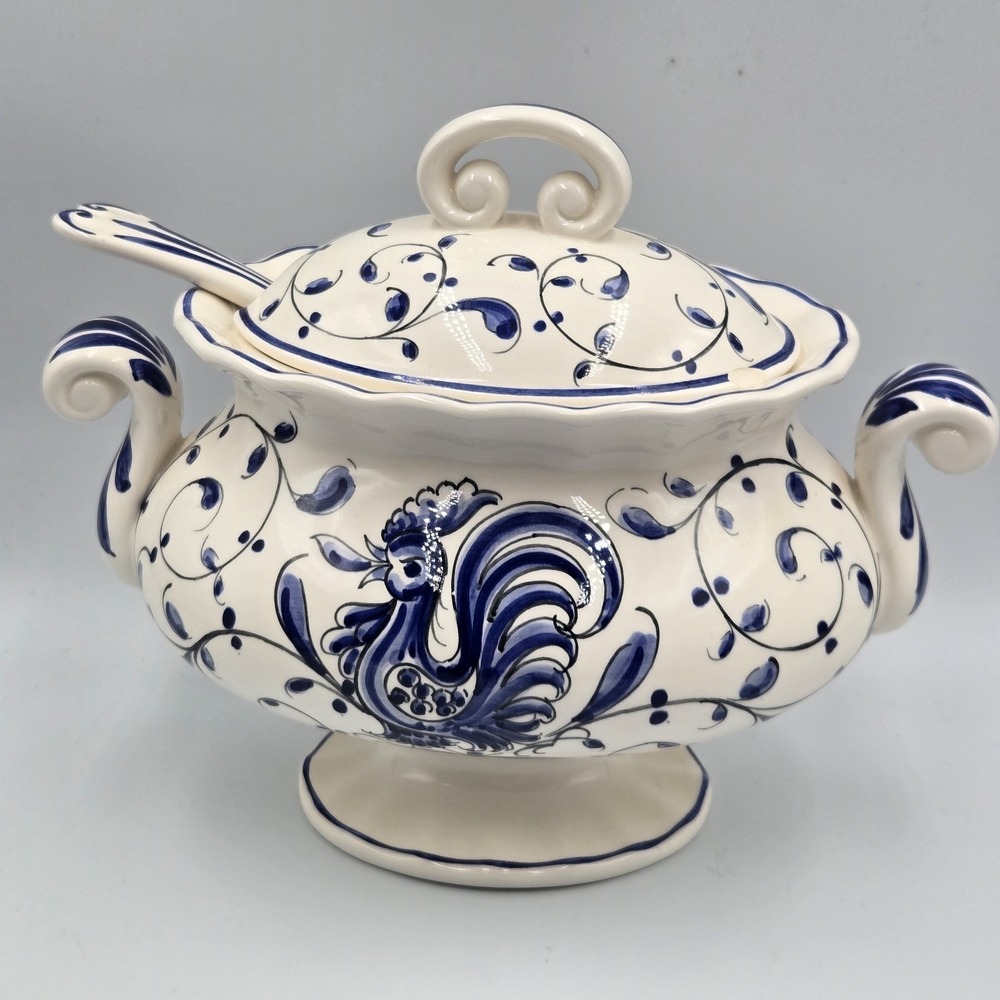 VTG Anfora Agueda Portugal Hand Painted Porcelain 10" Soup Serving Tureen Spoon‎